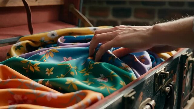 A close-up of a floral patterned suitcase being opened with a hand reaching for vibrant silk scarves inside, against a rustic brick background