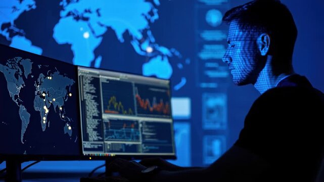 A focused young Asian man in a dark room illuminated by blue screen light, side profile at a computer with graphs and a glowing world map of data points in the background