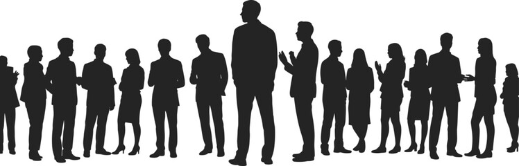 Silhouetted business individuals in varied postures and attire standing in a group, symbolizing workplace diversity, networking, leadership, and professional interaction.