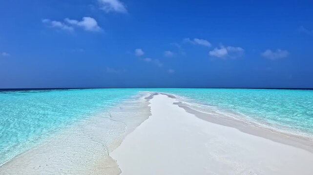 View of the azure sea and a sandy desert beach. An uninhabited sandbar in the Maldives, where there is no one. Small waves lap against the sand on both sides