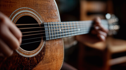 Fototapeta premium Instrument Repair Focused Musician Gently Strumming Acoustic Guitar for