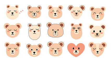 Fototapeta premium Set of cute teddy bear faces with different expressions and shapes in soft pastel colors for children's design.