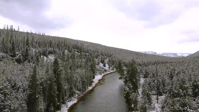 Aerial view of a landscape in Yellowstone Park in winter under the snow