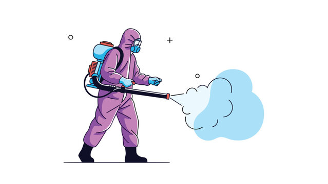 Worker in a purple hazmat suit and protective mask uses a portable sprayer to disinfect an area with a cloud of mist or steam.