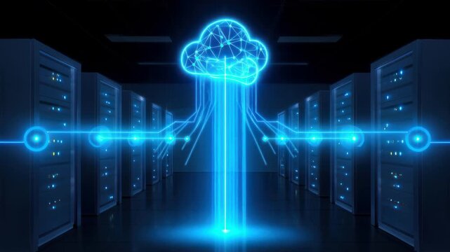 Futuristic data center corridor with rows of servers, glowing blue data streams weaving into a bright cloud, a vertical light beam rising from the cloud, pulsing techno energy.