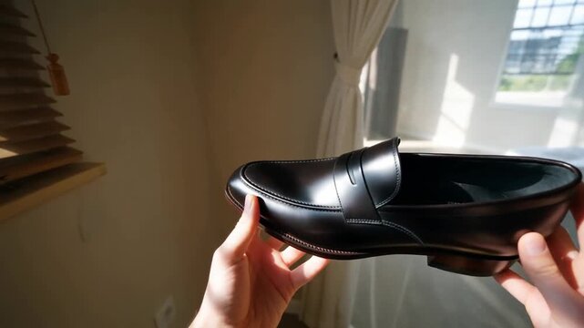 Close-up of a person holding a sleek black leather shoe in a sunlit room with wooden blinds, highlighting craftsmanship and style