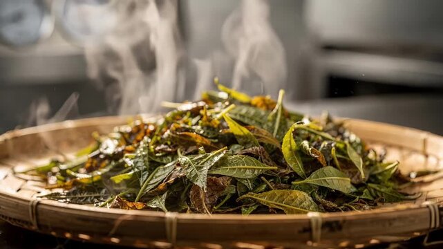 Partial oxidation process highlighted as tea leaves rest in controlled humidity capturing subtle color changes and aroma development during tea flavor maturation.