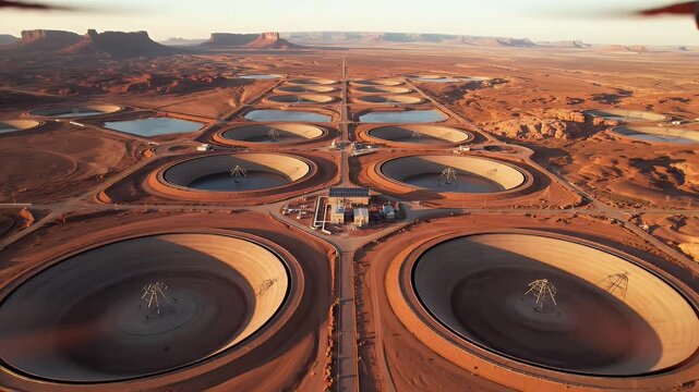 Aerial view of circular industrial reservoirs in a desert landscape, sunlight and shadows