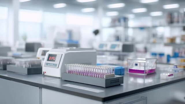 Medium shot of a compact inhouse laboratory workspace featuring neat benches analyzers and labeled specimen racks with a softly blurred background for depth.
