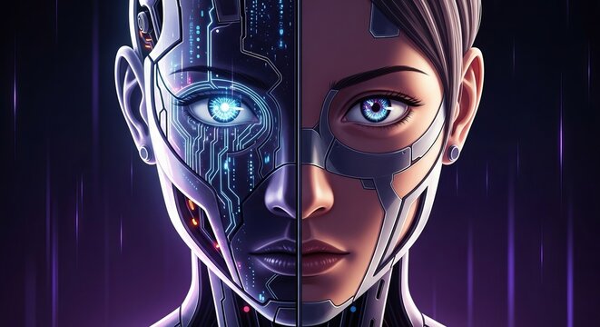 Futuristic half-robot half-human female face with glowing eye