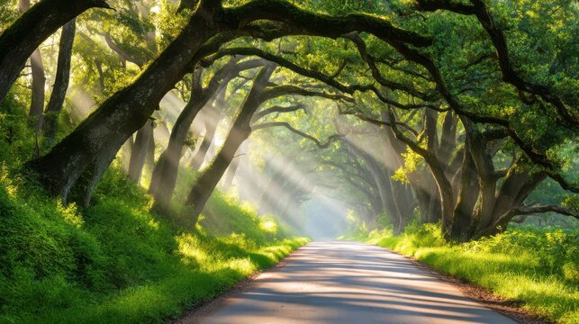 A mystical road path covered by a canopy of lush green ancient oak trees. Morning mist and dramatic golden sun rays piercing through the leaves. Wet ground