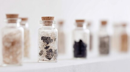 Glass jars containing various mineral samples with cork stoppers arranged on a shelf, showcasing distinct textures and colors of the materials inside