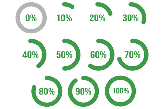 Circle diagrams icons for infographics from 100 to 0 percent. Set of round graph loading progress. Percentage loading icons. Progress bars. Pie charts indicator. Round graph loading progress set.