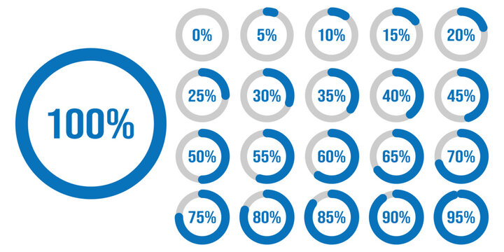 Set of circular percentage diagrams from 0 to 100 for infographics, including 0, 5, 10, 15, 20, 25, 30, 35, 40, 45, 50, 55, 60, 65, 70, 75, 80, 85, 90, 95, and 100. Percentage infographics  elements.