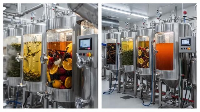 Medium shot of flavor infusion vacuum tanks processing aromatic teas showcasing the delicate extraction of natural essences in a controlled vacuum environment. Medium shot of syrup
