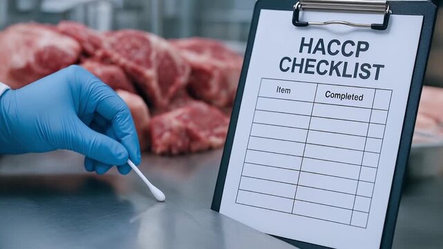 HACCP checklist on clipboard with gloved hand holding cotton swab near raw meat for food safety inspection and hygiene control in meat processing environment ensuring sanitation standards