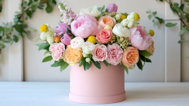 Hat box with flowers, large round pink box filled to the brim with fresh peonies and roses bursting out, romantic spring lighting, lush floral arrangement
