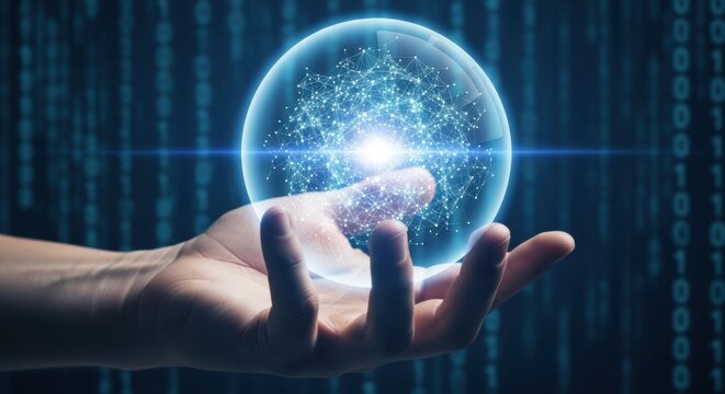 Futuristic glowing orb, hand holding digital sphere, blue circuit background, technology concept