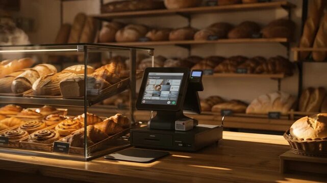 Medium shot of bakery counter showcasing an array of fresh breads and pastries in a glass case with a cashier pointofsale system visible capturing early morning stock abundance.