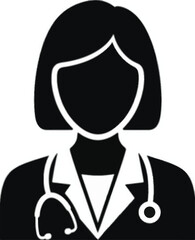 Black Silhouette Icon of a Female Doctor with Stethoscope on White Background avatar care