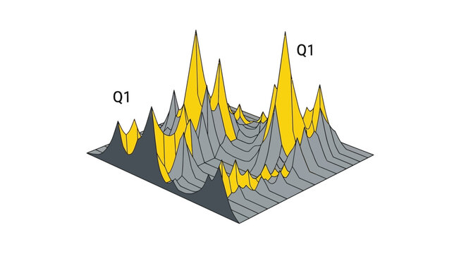3D Surface Plot of Complex Data Distribution. Stylized Scientific Visualization of Peaks and Valleys with Q1 Labels.