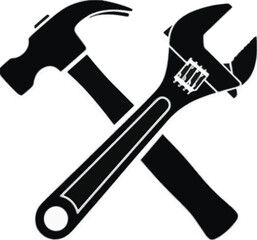 Crossed Black Hammer and Adjustable Wrench Icons on White Background construction