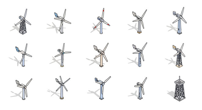 Isometric illustration of several wind turbines isolated on a white background, concept design
