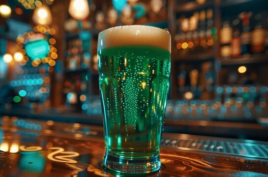 Close-up of a glass of green beer on a wooden bar counter. Traditional St. Patrick's Day drink with bubbles rising in a festive pub. Irish celebration concept