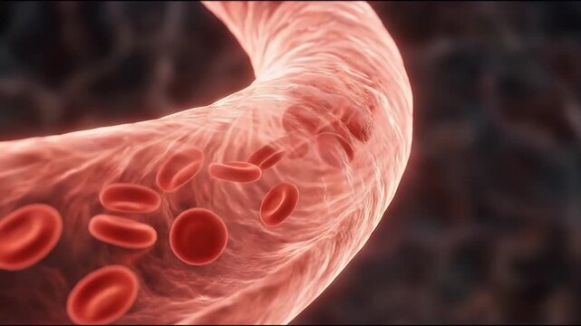 Red blood cell flowing through blood vessel artery circulatory system microscopic biology medical anatomy health science detailed cellular structure smooth vessel walls illustration