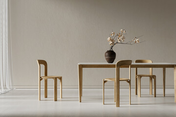 Naklejka premium Clean modern dining room interior with minimalist wooden furniture, soft lighting and spacious negative space. 3D illustration