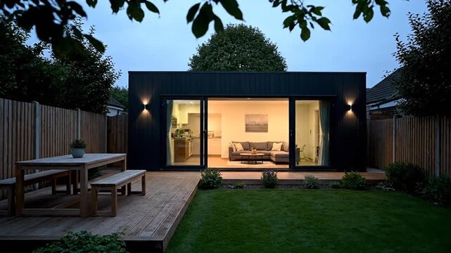 Modern Black Garden Room Exterior with Illuminated Interior, Deck, and Outdoor Dining Area at Dusk