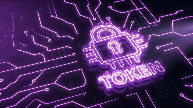 Digital token security with neon purple glowing lock icon and circuit board background symbolizing encryption data protection technology and digital security authentication lock protection