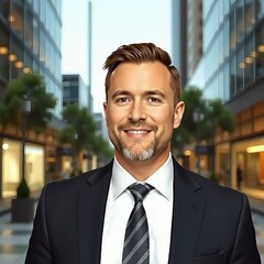 Fototapeta premium Smiling businessman in suit standing outside on city street with buildings