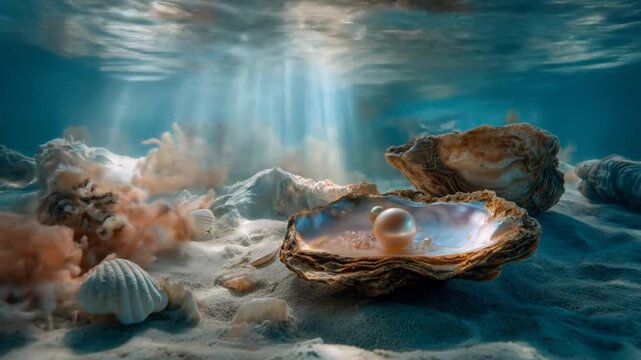 Stunning white pearl nestled inside an open oyster shell on the sandy ocean floor with mesmerizing sunlight rays underwater.