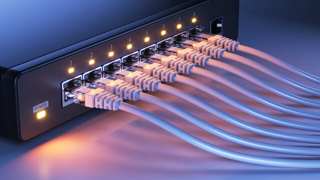 Network switch and network ethernet cables. 3d illustration