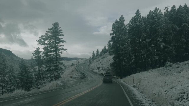 Driving on the Yellowstone Park road in winter