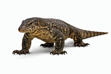 Obraz premium Monitor Lizard Walking Slowly Forward with Controlled Movement Isolated on White Background