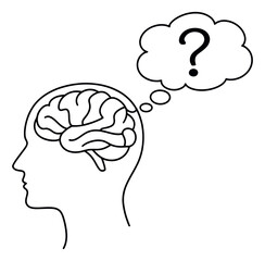 Hand drawn line art illustration of a human head with a brain depicting a question mark for mental activity