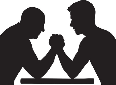 Old man and young man doing arm wrestling  in black and white silhouette with transparent background 