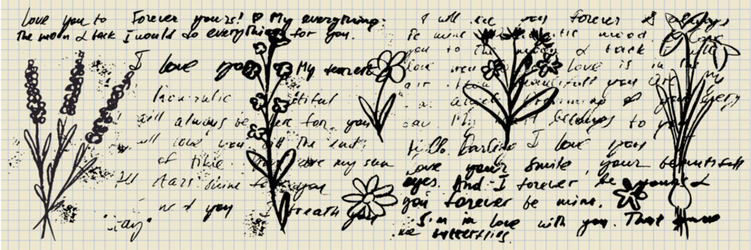 Vector romantic handwriting scribble. Wedding calligraphy ink retro letter decoration. Vintage written background, diary handwriting. Pen abstract texture calligraphy document, retro grunge paper note