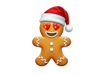 Sweet gingerbread man wearing santa hat with heart eyes isolated on transparent background