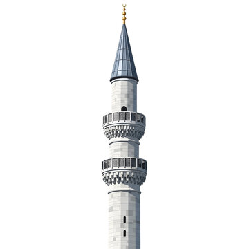 Majestic white stone minaret with blue spire and gold finial