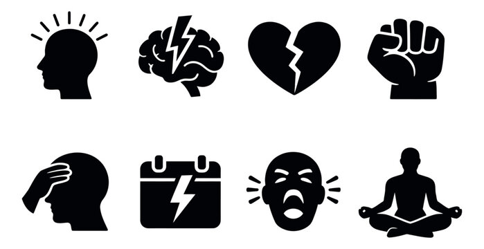 Silhouette mental states icon set featuring stress, depression, anger, ideas and meditation for emotional well-being concepts