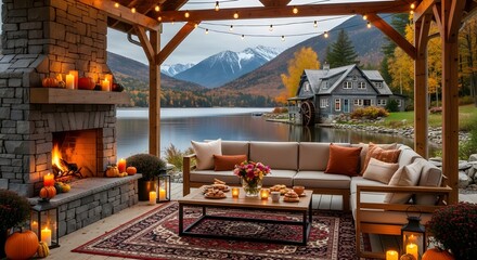 Cozy autumn evening on a lakeside porch with a crackling fireplace and festive pumpkins overlooking a serene lake and mountains