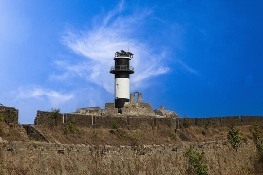 Diu, Dadra and Nagar Haveli and Built in the 16th century by the Portuguese, this sandstone fort features a lighthouse. View of the light house in Diu Fort at Diu, India. Lighthouse DIU fort, India