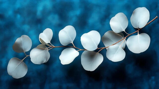 Elegant silver eucalyptus background with minimalist leaves on a deep blue texture Perfect for spa promotions or luxury wedding invitation videos