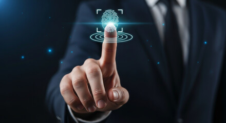 Obraz premium Biometric fingerprint scan and digital identity verification for advanced cyber security
