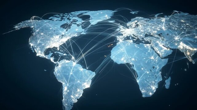 Global connectivity illustration with glowing world map and network lines, symbolizing technology, communication, and business.