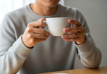 Person holding a warm beverage in a ceramic mug while casually dressed in a sweater indoors near a window with natural light