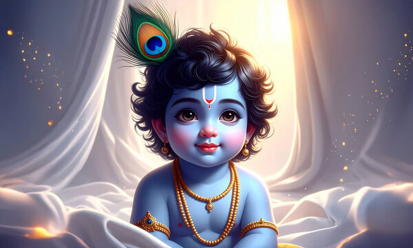 Adorable blue baby Lord Bal Krishna with peacock feather and gold jewelry sitting against a soft white background, digital art for Janmashtami festival and Hindu spiritual celebration.